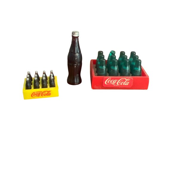 Vintage Lot of 3 80s Coca Cola Miniature Bottle Crates Bottle Yellow Red - Picture 1 of 6